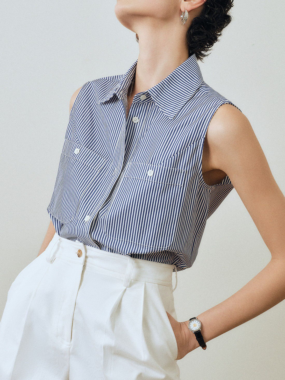 2025年夏季新款无袖衬衫条纹休闲直角肩衬衫伦敦街头简约穿搭上衣