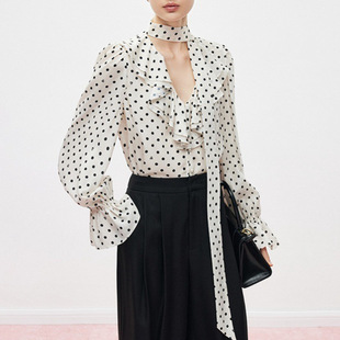 2026早春新款法式蝴蝶结飘带波点卡圆点衬衫女长袖气质缎面上衣