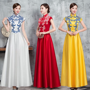 新款 红歌中国风学生诗朗诵旗袍演出服国庆合唱团演出旗袍黄色长裙