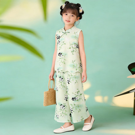 女童棉绸汉服套装夏季新款儿童新中式人造棉唐装国风阔腿裤两件套