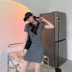 Summer new Korean dress pleated buttock skirt solid short sleeve women's Hong Kong style shows thin and sexy