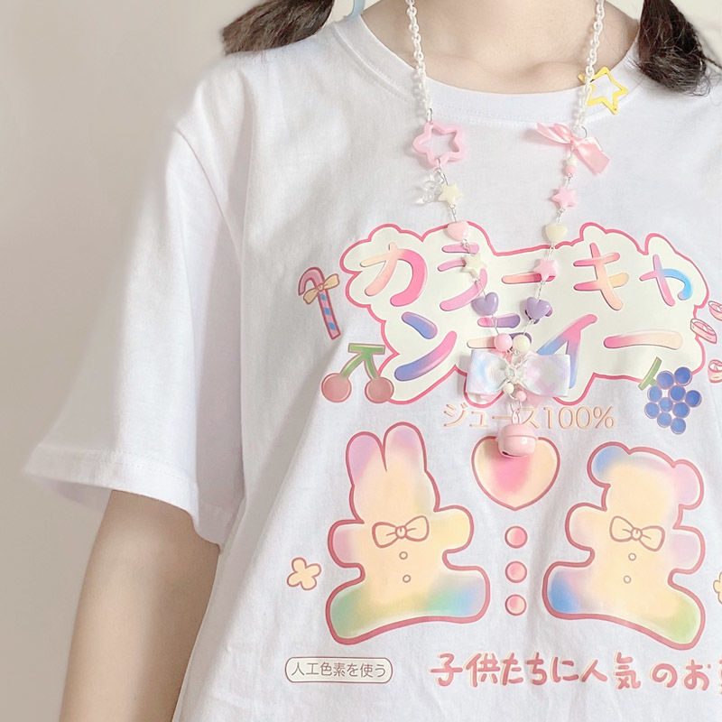 Summer Japanese college style cute candy rabbit print loose short sleeve t-shirt female student soft sister bottom coat
