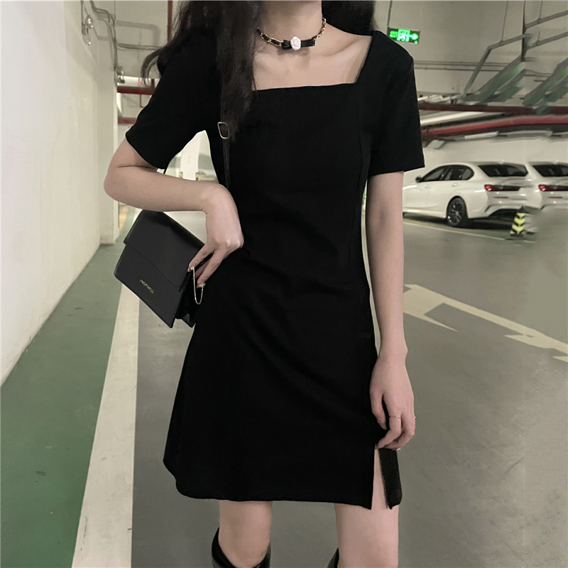 Korean new summer pure color dress femininity split careful machine sexy style pure cotton