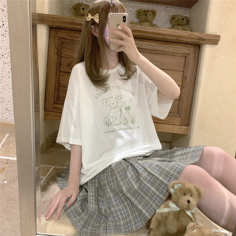 Japanese Vintage bear print short sleeve women's new summer white T-shirt