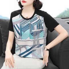 Mom's women's short sleeve top summer dress new color insertion loose cover stomach middle-aged and elderly foreign style top