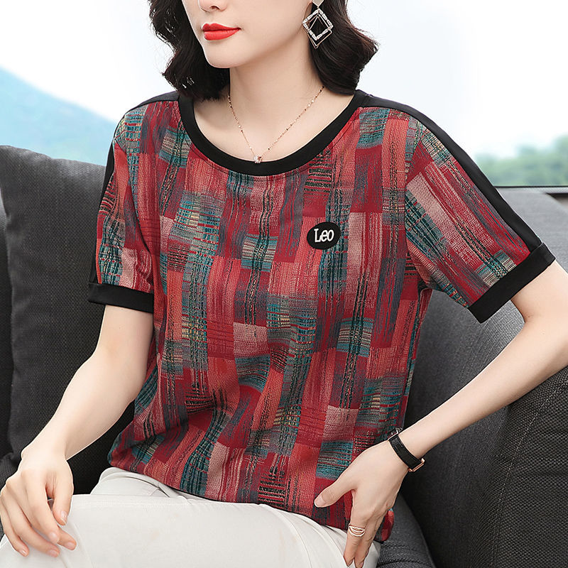 Summer short sleeve T-shirt women's new mother's loose top with round neck and color matching print