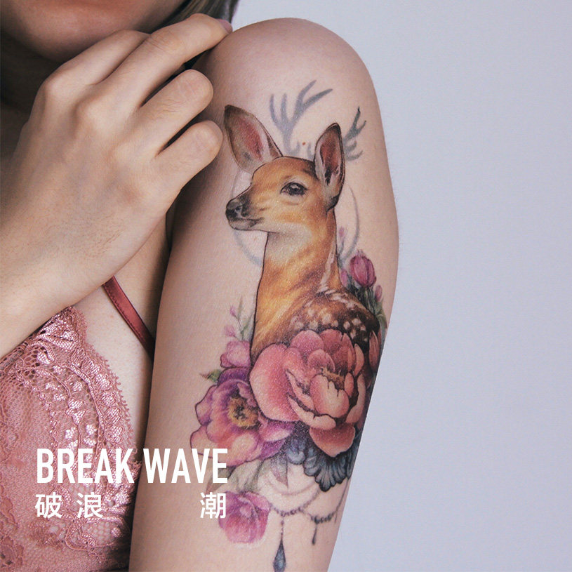 破浪潮原创纹身贴小鹿花臂鹿角玫瑰性感ins网红仙女鹿大图不反光