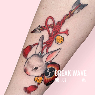 破浪潮原创纹身贴小兔子福铃ins风小花臂可爱铃铛花腿日式浮世绘