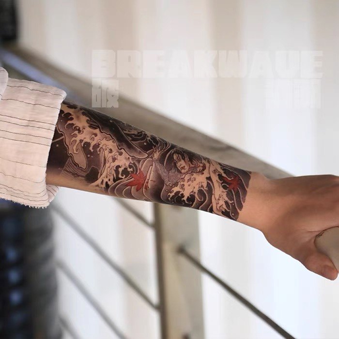 破浪潮纹身贴老传统yyds包花臂包小腿日式水花浮世绘海浪防水持久
