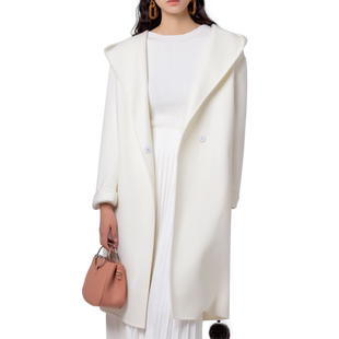 LAFOPPA白色双面呢羊毛大衣女连帽中长款毛呢外套珑白高端女装