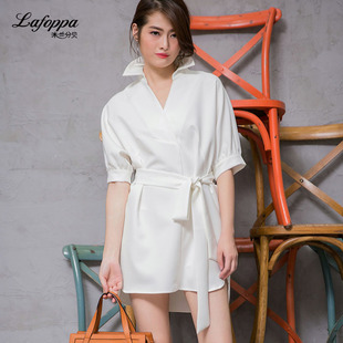 LAFOPPA法式系带连衣裙女夏收腰五分袖上衣气质珑白短款修身a字裙