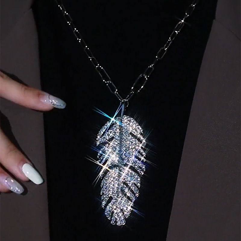 超闪镶钻树叶项链欧美时尚夸张小众羽毛毛衣链个性气质设计感轻奢