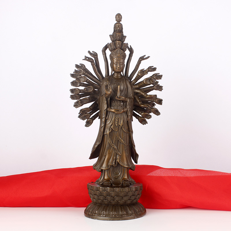 铜观音佛像摆件站千手观音像铜观世音菩萨客厅办公桌面工艺品摆放