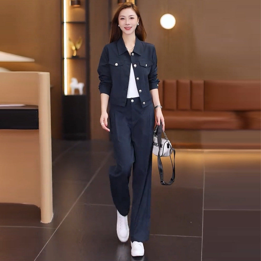 秋新工装翻领显瘦女两件套