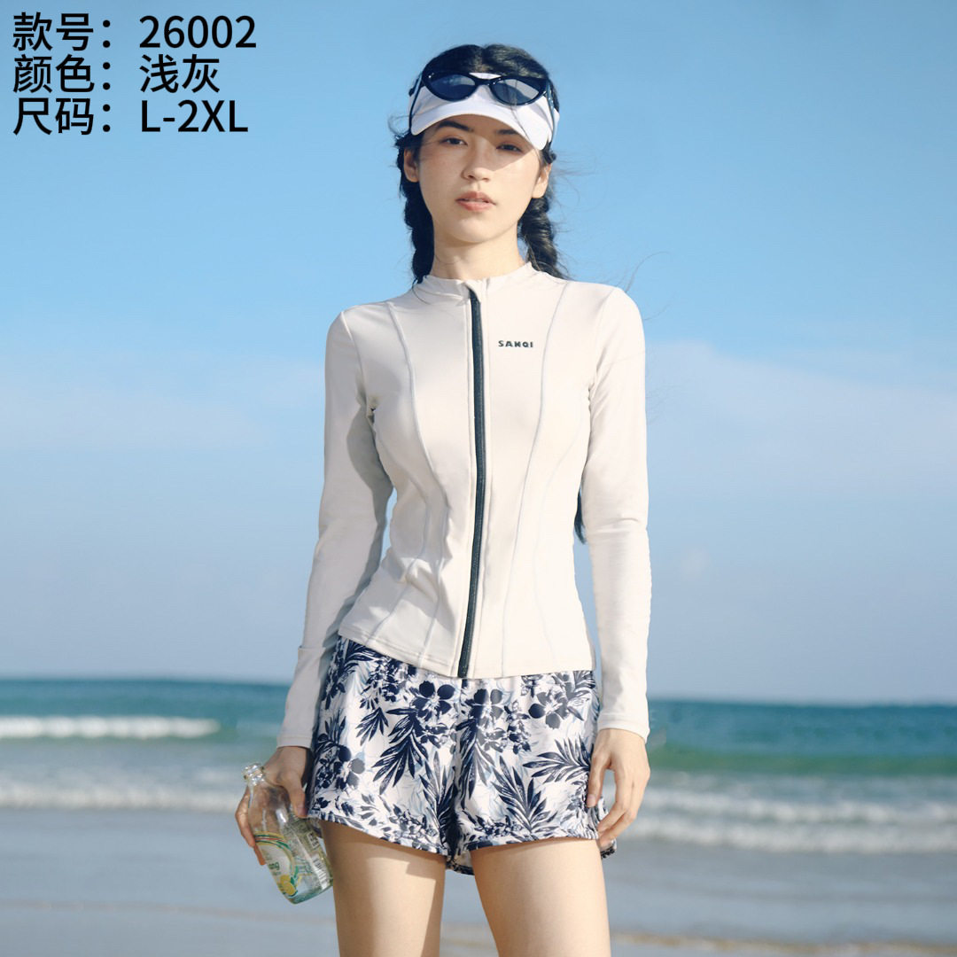 三奇26002成人泳衣女分体两件套平角短裤长袖防晒海边度假游泳衣