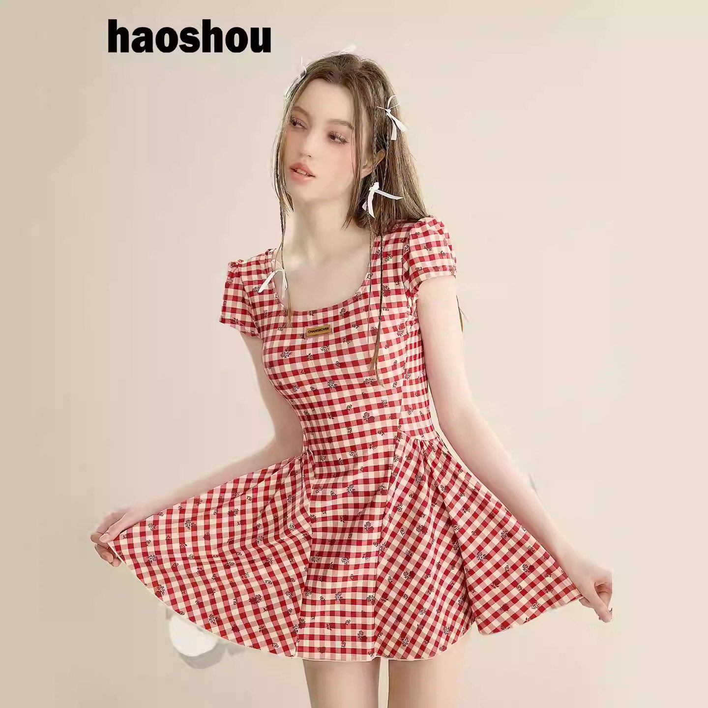 号手纯欲格子连体裙式泳衣女