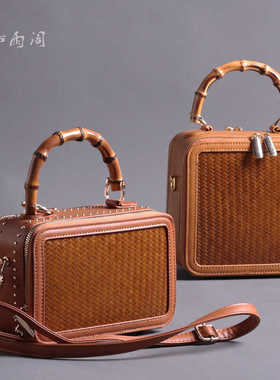 手工竹编包皮革单肩包小众百搭小方包女士斜挎手提包文艺国风拎包
