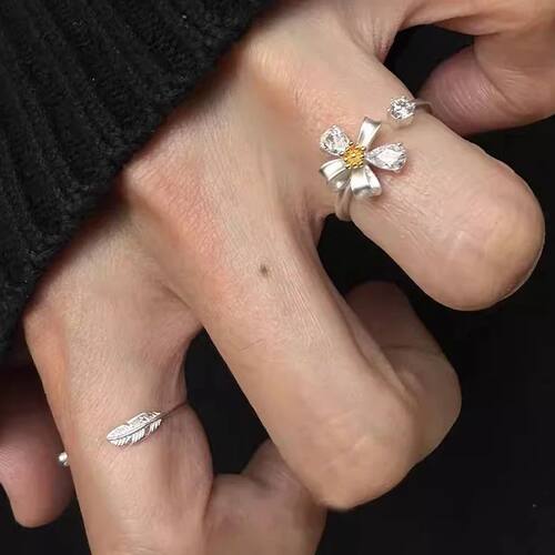 Sweet Silver Color Zircon Ring Women Flower Feather Stackabl