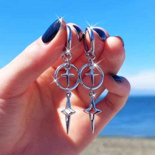 Y2K Grunge Star Drop Hoop Earrings, Silver Cross Star Dangle