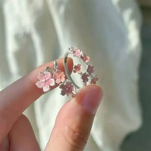Sweet Pink Drop Oil Cherry Blossom Adjustable Open Ring for