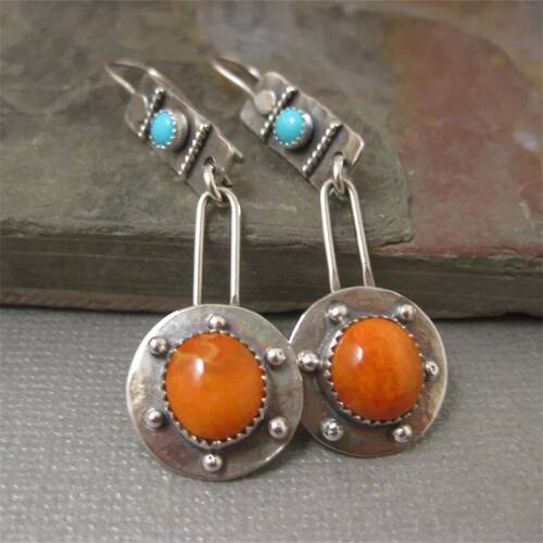 Vintage Round Coral Stone Earrings Metal Silver Color Handhu