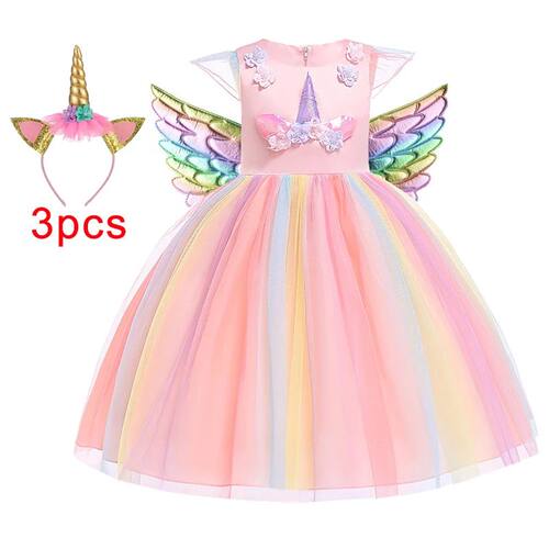 Girl Unicorn Cosplay Party Dress Rainbow Tutu Gown Kids Flor