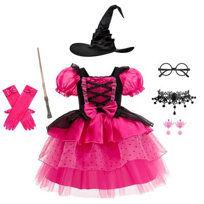 Girls Halloween Dress Children Rose Red Puff Sleeve Fashiona