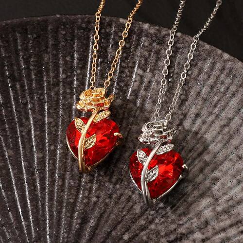 Dark Red Crystal Rose Flower Pendant Necklace for Women Men