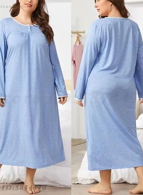 Blue Long Sleeved Nightdress Women's Sweet Lace Edge Nightgo