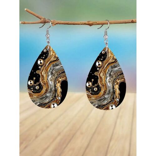 Luxury Black Gold Marbled Teardrop Earrings For Women Lightw