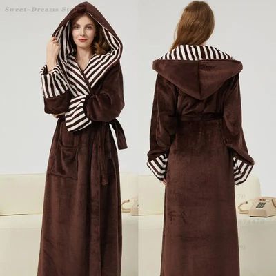 New Female Flannel Long Robe Sleepwear Fashion Hooded Nightg