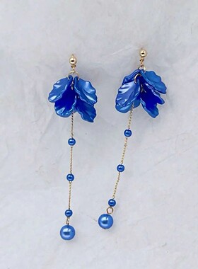Blue Floral Petal Pearl Drop Earrings For Women Fashion Jewe