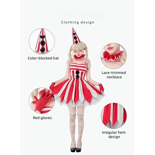 Women Red White Striped Clown Cosplay Dress Set Circus Cone