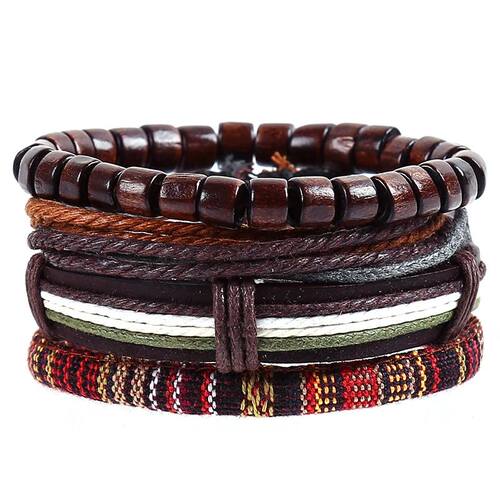 4pcs/set hippie punk boho dark brown leather wood beads wax