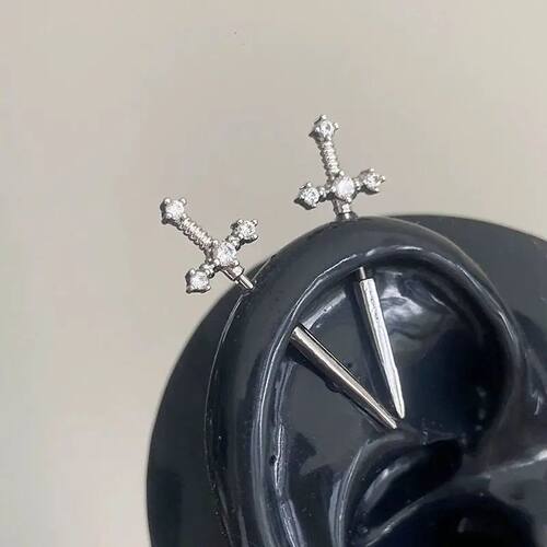 1Pcs Sword Shaped Rhinestone Cross Earrings for Women Men Pu