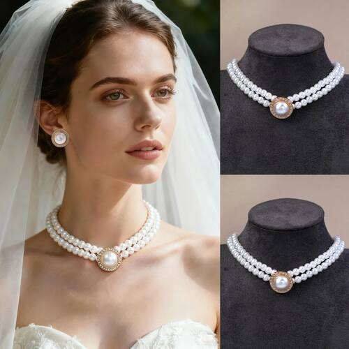 Elegant Double Layer Pearl Necklace Stud Earrings Ring Set E