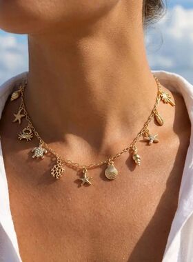 Boho Zircon Starfish Shell Conch Pendant Necklace for Women
