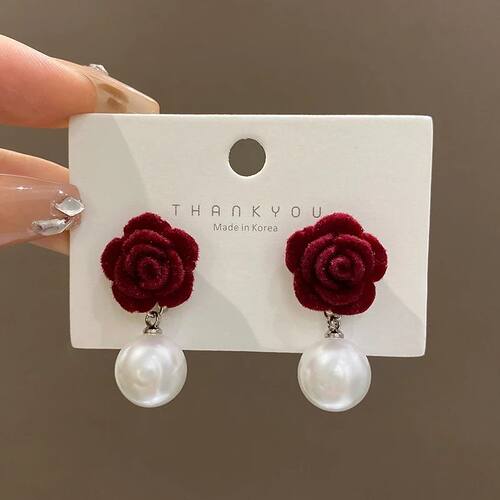 Korean Flocked Flower Pear Earings Fashion Jewelry Elegant B