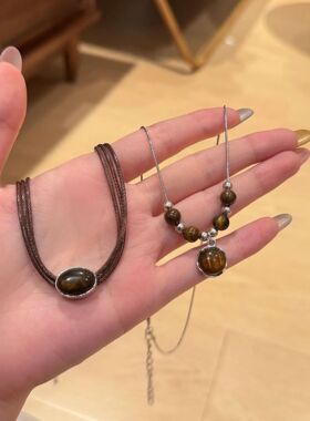 Retro Tiger Eye Leather Choker Necklace, Chinese Ethnic Styl