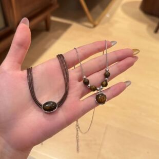 Retro Tiger Eye Leather Choker Necklace, Chinese Ethnic Styl