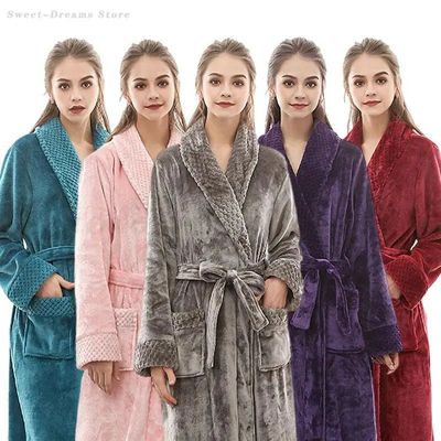 Women's Long Robe Nightgown Autumn Winter Flannel Bathrobe K