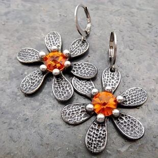 Vintage Inlaid Coral Yellow Colored Stones Earrings Ethnic S