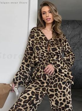 Fashion Female Sleepwear Leopard Print Pajama 2 Piece Set Lo