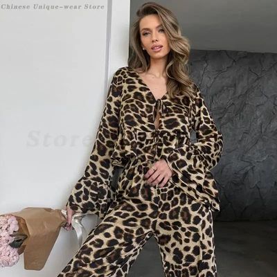 Fashion Female Sleepwear Leopard Print Pajama 2 Piece Set Lo