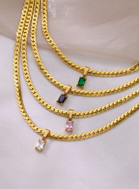 Vintage Square Zircon Thick Chain Necklace For Women Stainle