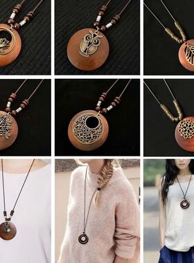 Female Jewelry Round Sweater Chain Wooden Retro Ethnic Cloth