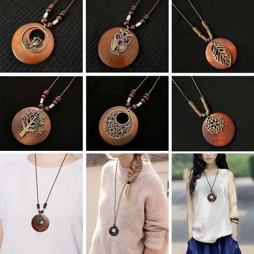 Female Jewelry Round Sweater Chain Wooden Retro Ethnic Cloth