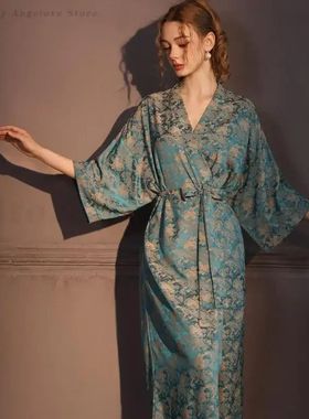 Blue Jacquard Long Robe Negligee Bride Bathrobe Kimono Gown