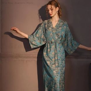 Blue Jacquard Long Robe Negligee Bride Bathrobe Kimono Gown