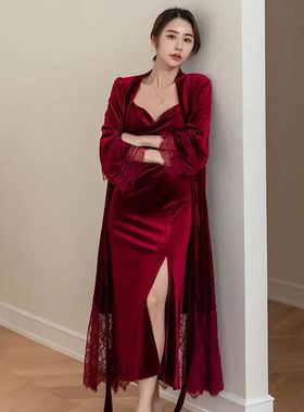 Sexy Lace Bride Wedding Robe Nightdress Set Burgundy Velvet